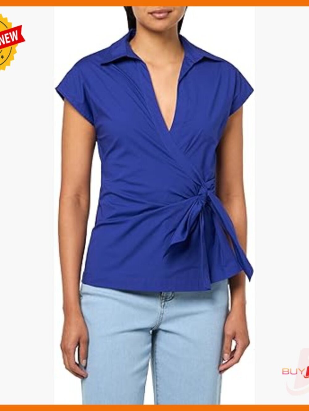 Short Sleeve Wrap Top Collared Neck Stretch Poplin Regular Fit